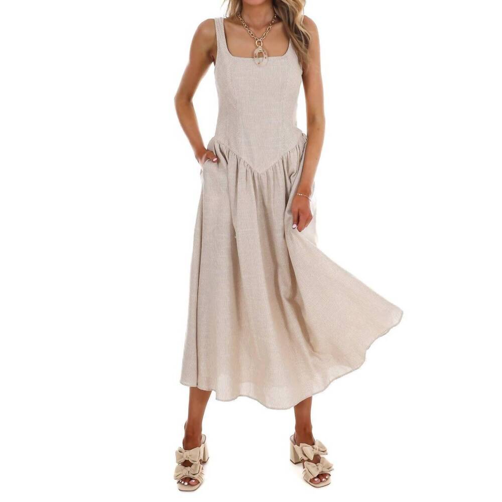 NEW MUSTARD SEED showing off stripe maxi dress in taupe